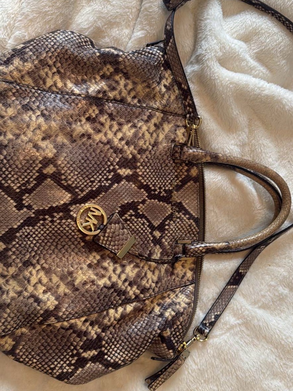 Michael Kors Brown Snake-Print Shoulder Bag with Gold MK Charm